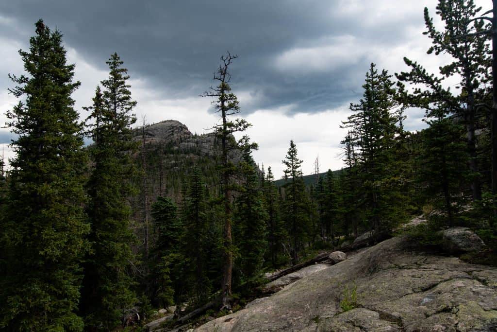 Dark clouds roll in over the mountains with evergreen trees in the foreground.