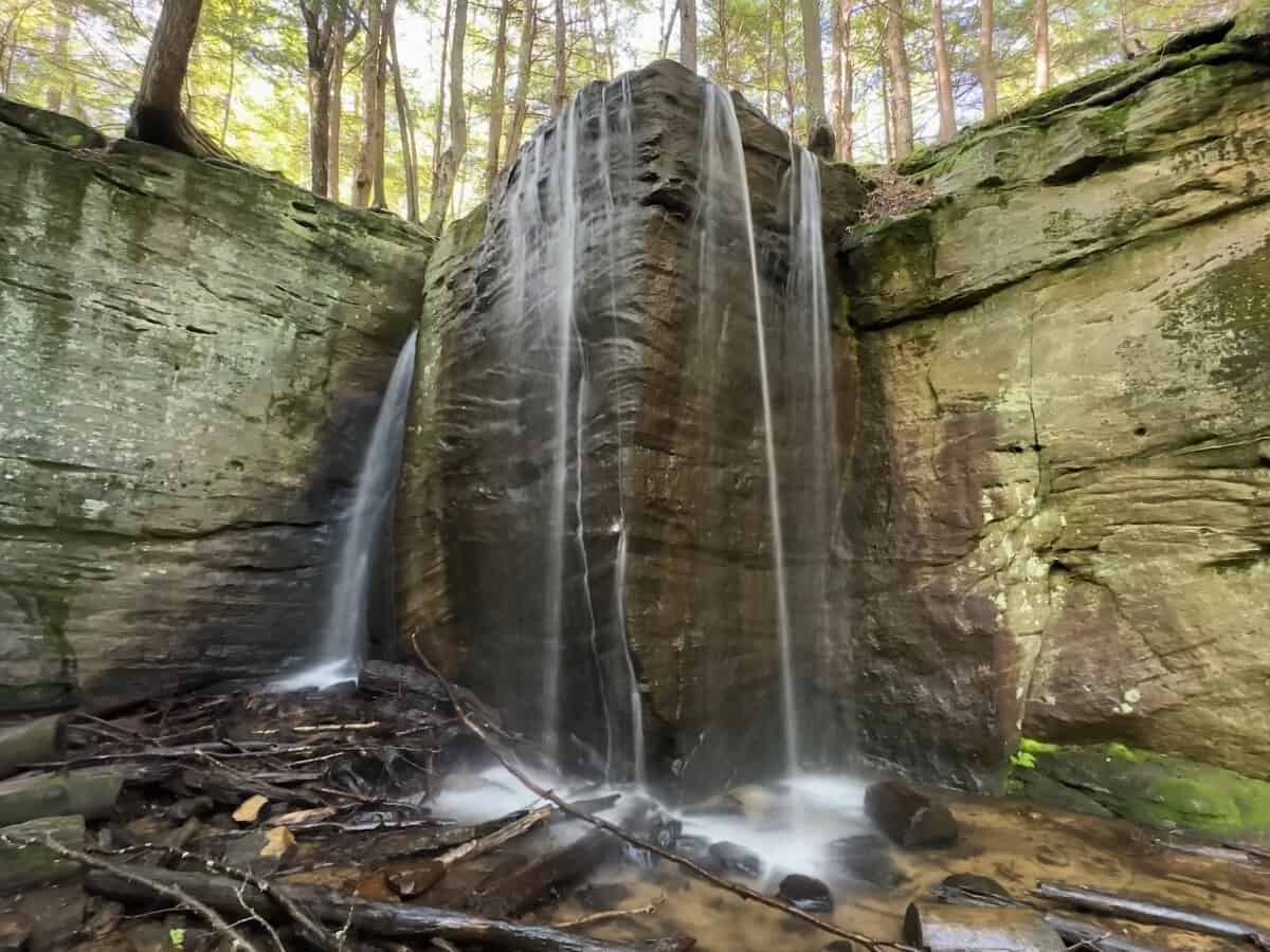 Long-exposure view of Hector Falls with silky streams of water flowing over layered sandstone into a small pool filled with rocks and fallen branches. Sunlight filters through the trees above, highlighting the textured cliff walls around the waterfall.