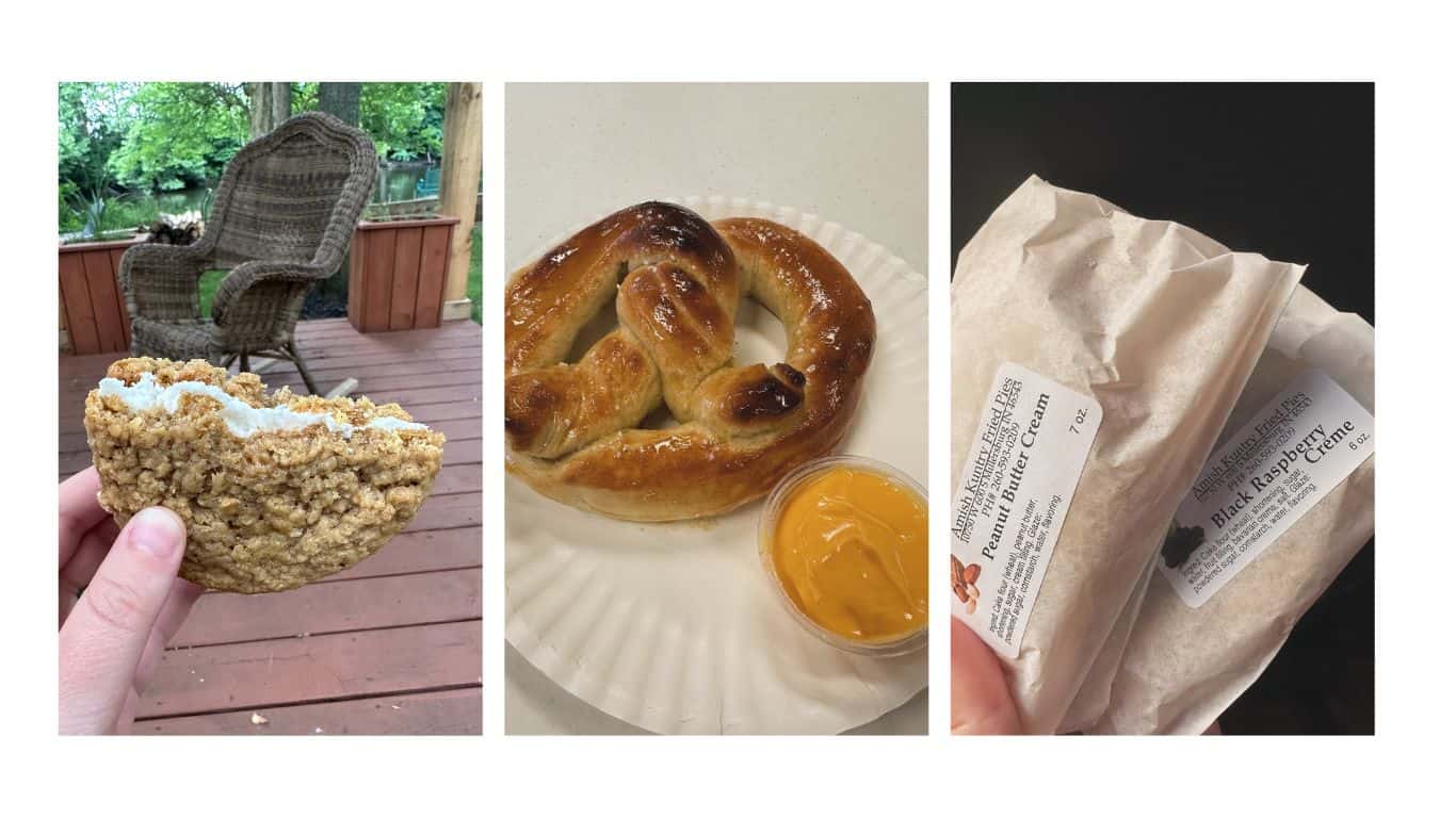 A collage of delicious foods from Shipshewana, Indiana, featuring a homemade Amish oatmeal cream pie, a warm soft pretzel with cheese, and packaged Amish fry pies in peanut butter cream and black raspberry flavors. These local treats highlight the town’s famous Amish bakeries and comfort food scene, making them must-try snacks for visitors.