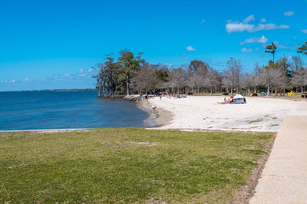Families relax on a sandy beach beside Lake Pontchartrain with trees and picnic areas behind them in Fontainebleau State Park. The calm shoreline shows a popular recreation spot on Louisiana’s Northshore.