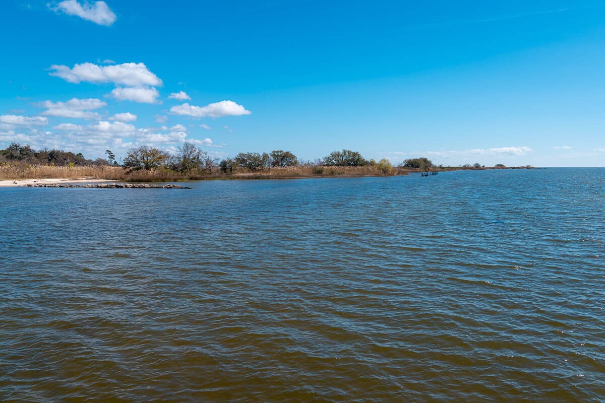 A broad expanse of Lake Pontchartrain with low marsh grasses and trees lining the distant shoreline under a bright blue sky. The tranquil water view showcases the coastal landscape of Louisiana’s Northshore.