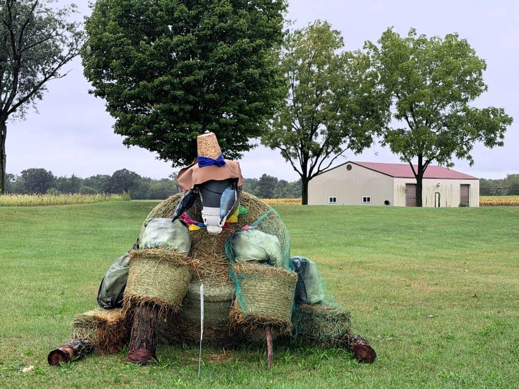 The Wonky Donkey straw bale display sits on a grassy lawn, with a donkey face, straw hat, and hay bale legs.
